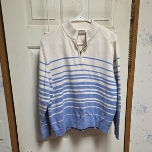 Croft & Barrow White and Light Blue Striped Zip Up Sweater